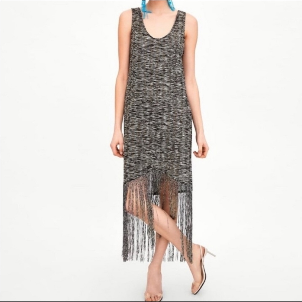 Zara Black and White Marled Fringe Midi Dress
